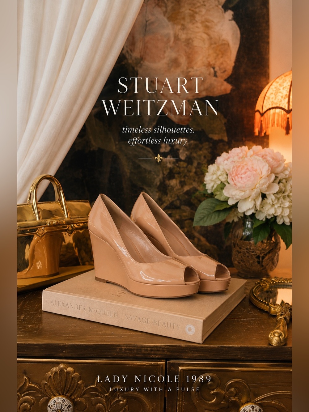Stuart Weitzman Nude Patent Peep Toe Wedge Heels 8.5 NIB